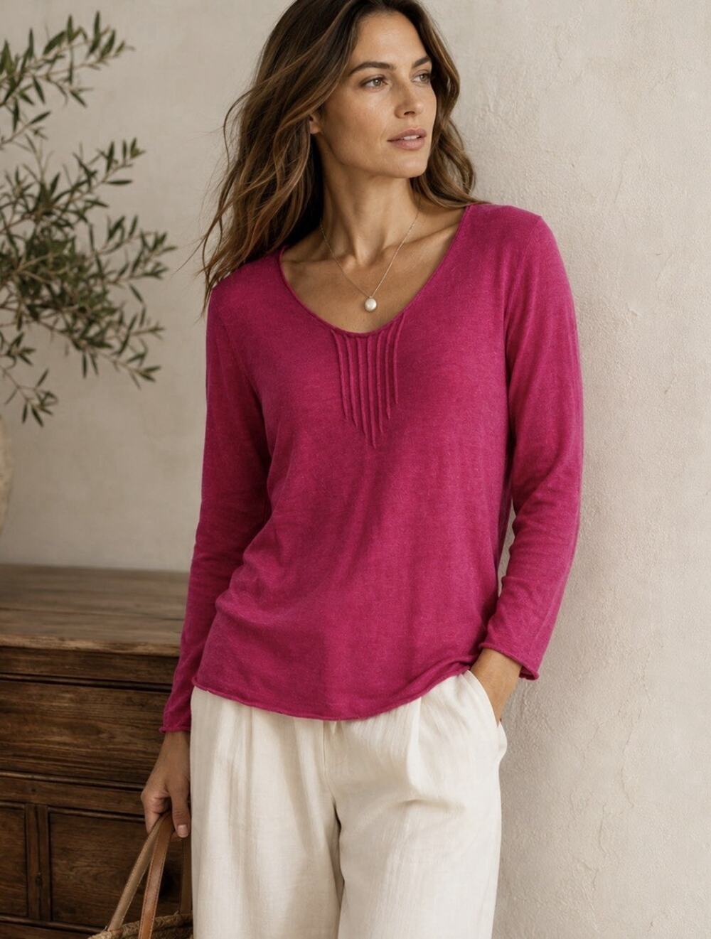 Eileen Fisher Pleated Lightweight Pink Marled Knit Sweater Silk Cashmere Small